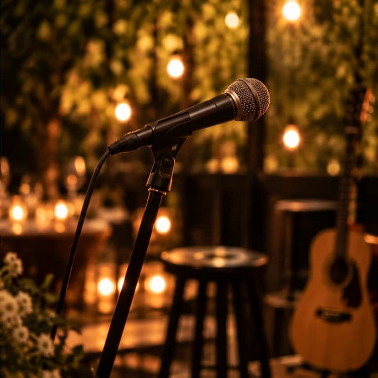 Microfoon op een standaard voor een akoestische gitaar en een barkruk, met warme lichtjes en groen op de achtergrond.