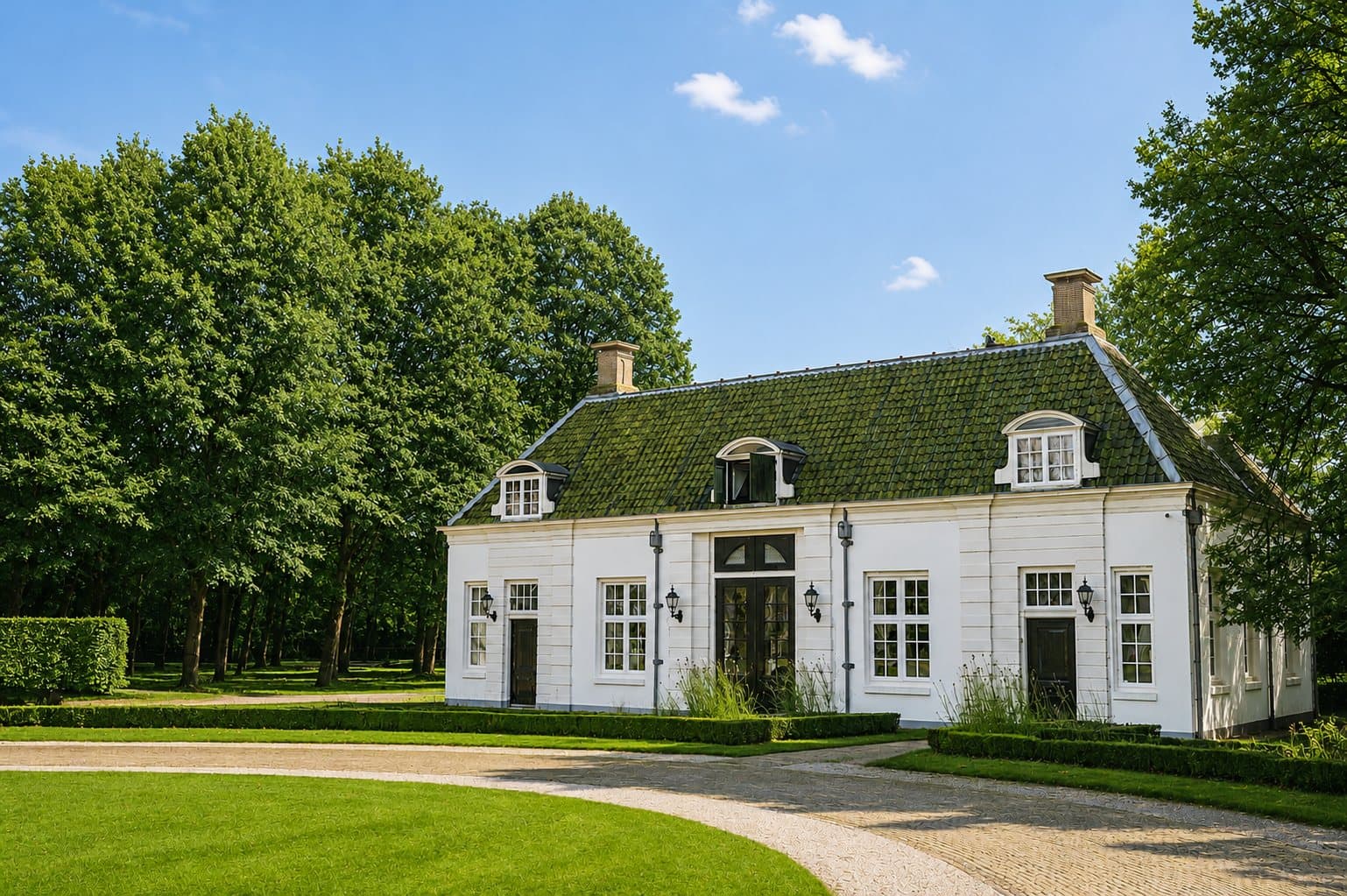 Het witgepleisterde koetshuis van Buitenplaats Beeckestijn met een mosbegroeid pannendak, gezien vanaf de oprijlaan met gesnoeide hagen en gazon.